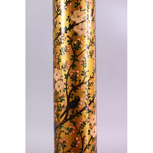 656 - A TURKISH OR KASHMIRI LACQUERED CYLINDRICAL SCROLL HOLDER, decorated with a gold ground and native f... 