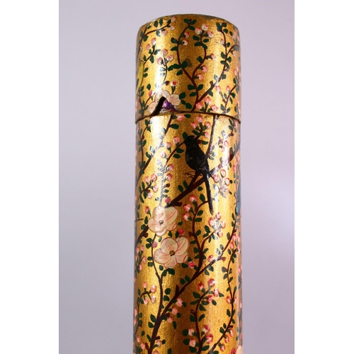 656 - A TURKISH OR KASHMIRI LACQUERED CYLINDRICAL SCROLL HOLDER, decorated with a gold ground and native f... 