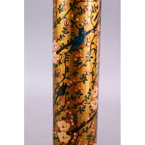 656 - A TURKISH OR KASHMIRI LACQUERED CYLINDRICAL SCROLL HOLDER, decorated with a gold ground and native f... 