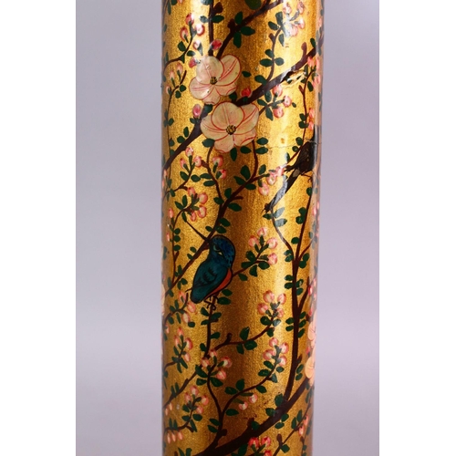 656 - A TURKISH OR KASHMIRI LACQUERED CYLINDRICAL SCROLL HOLDER, decorated with a gold ground and native f... 