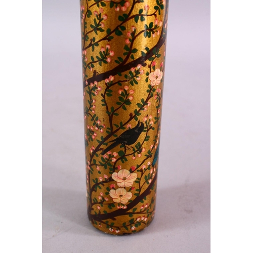 656 - A TURKISH OR KASHMIRI LACQUERED CYLINDRICAL SCROLL HOLDER, decorated with a gold ground and native f... 