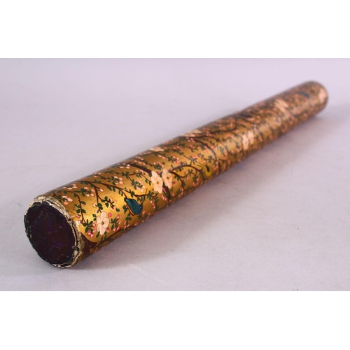 656 - A TURKISH OR KASHMIRI LACQUERED CYLINDRICAL SCROLL HOLDER, decorated with a gold ground and native f... 