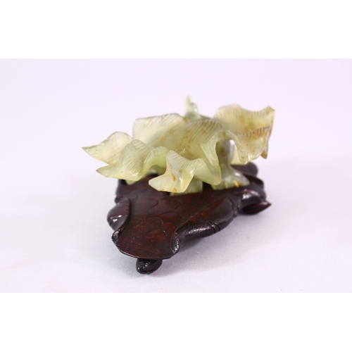 66 - A CHINESE CARVED JADE FIGURE OF A GOLDFISH, on a carved wooden base, 10cm.