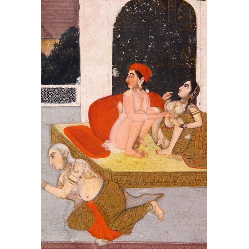 663 - AN 18TH CENTURY MUGHAL INDIAN EROTIC MINIATURE PAINTING, depicting a conflicting erotic scene, 35cm ... 