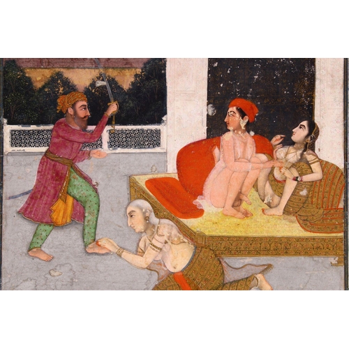 663 - AN 18TH CENTURY MUGHAL INDIAN EROTIC MINIATURE PAINTING, depicting a conflicting erotic scene, 35cm ... 