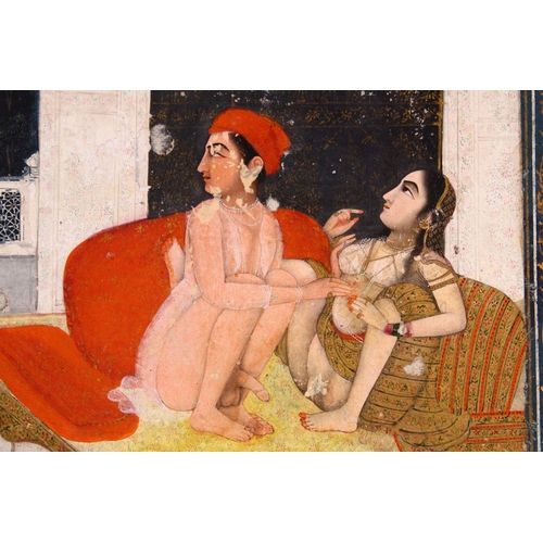 663 - AN 18TH CENTURY MUGHAL INDIAN EROTIC MINIATURE PAINTING, depicting a conflicting erotic scene, 35cm ... 