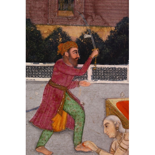 663 - AN 18TH CENTURY MUGHAL INDIAN EROTIC MINIATURE PAINTING, depicting a conflicting erotic scene, 35cm ... 