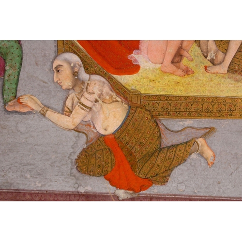 663 - AN 18TH CENTURY MUGHAL INDIAN EROTIC MINIATURE PAINTING, depicting a conflicting erotic scene, 35cm ... 