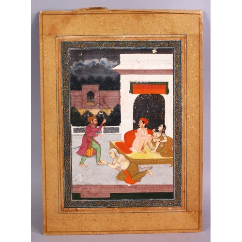 663 - AN 18TH CENTURY MUGHAL INDIAN EROTIC MINIATURE PAINTING, depicting a conflicting erotic scene, 35cm ... 