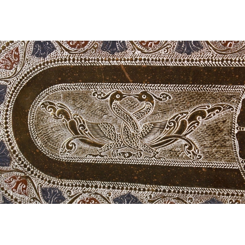 666 - A FINE QUALITY 19TH CENTURY SRI LANKAN SILVER INLAID TRAY, inlaid with scenes of birds, with embosse... 