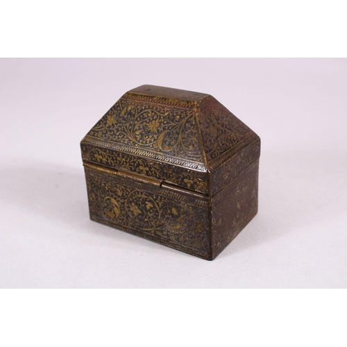 674 - A FINE 19TH CENTURY NIELLO INLAID BRASS INDIAN LIDDED BOX, 7.5cm wide x 5cm deep 6.5cm.