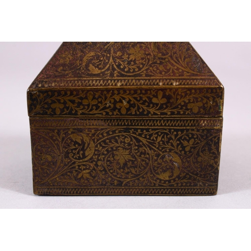 674 - A FINE 19TH CENTURY NIELLO INLAID BRASS INDIAN LIDDED BOX, 7.5cm wide x 5cm deep 6.5cm.