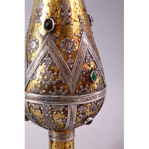 682 - A FINE PAIR OF SILVER GILT JEWISH TORAH POINTERS, with silver overlaid decoration, mounted with semi... 