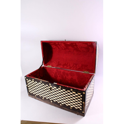 684 - A LATE 19TH CENTURY EBONY DOMED TOP CASKET with bone inlaid geometric design, 62cm long, 40cm high, ... 