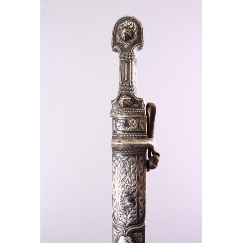 689 - A 19TH CENTURY RUSSIAN KINJAL DAGGER with niello decoration to the scabbard and hilt, 53cm long.