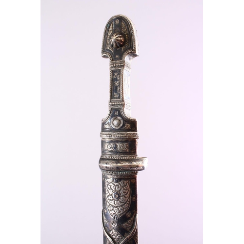 690 - A 19TH CENTURY RUSSIAN KINJAL DAGGER with niello decoration to the scabbard and hilt, 50cm long.