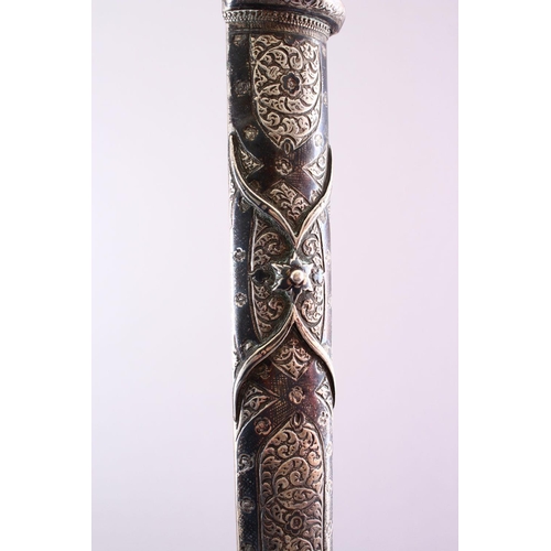 690 - A 19TH CENTURY RUSSIAN KINJAL DAGGER with niello decoration to the scabbard and hilt, 50cm long.