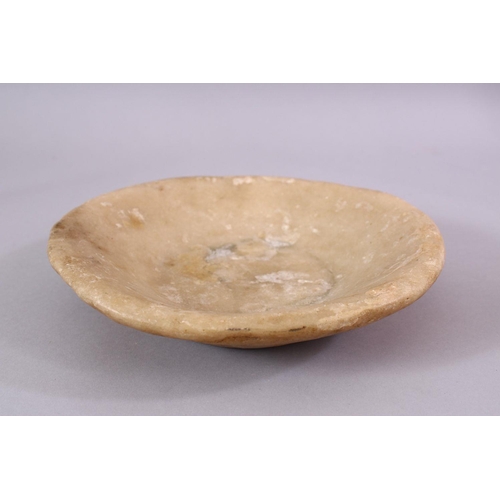 696 - AN EYGPTIAN ALABASTER SHALLOW CIRCULAR BOWL, 23cm diameter.