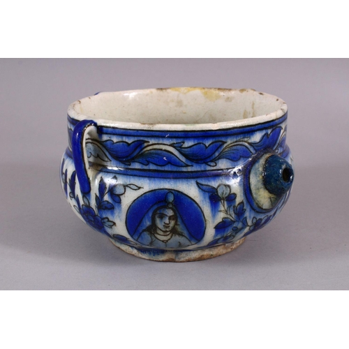 710 - A 19TH CENTURY PERSIAN QAJAR SPOUTED BOWL, with triple moulded handles, with roundel's of figures, 1... 