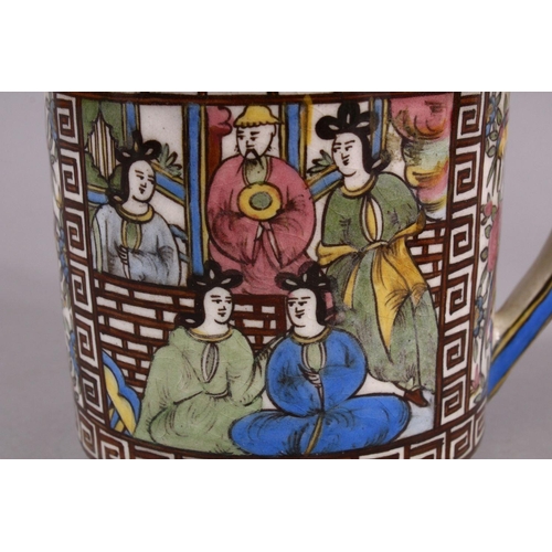 711 - AN UNUSUAL CHINESE STYLE PERSIAN QAJAR LARGE TANKARD, decorated with scenes of figures interior in c... 