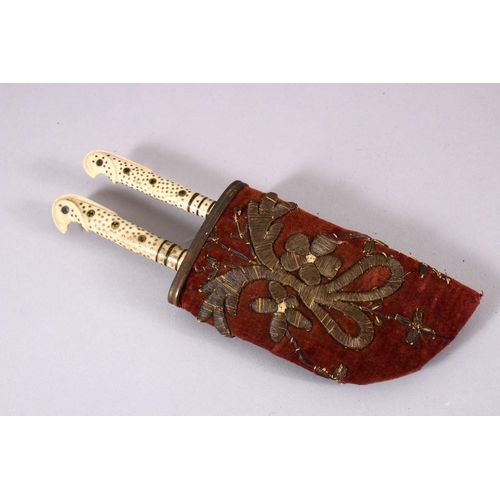 718 - AN OTTOMAN BALKANS KNIFE AND FORK IN VELVET SCABBARD, with bone handles and inlaid brass stud, the b... 