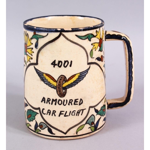 726 - AN UNUSUAL JERUSALEM ARMINIAN GLAZED POTTERY TANKARD, Painted with floral spray and a panel of writi... 