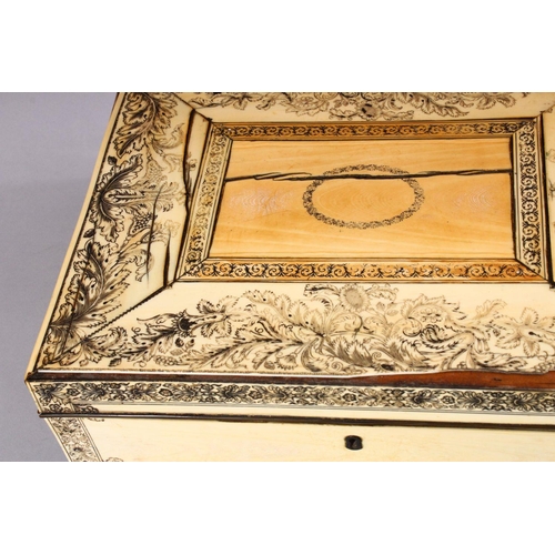 735 - A 19TH CENTURY VITZAGAPATAM IVORY VENEERED SANDLEWOOD SEWING BOX, with penwork decoration and compar... 