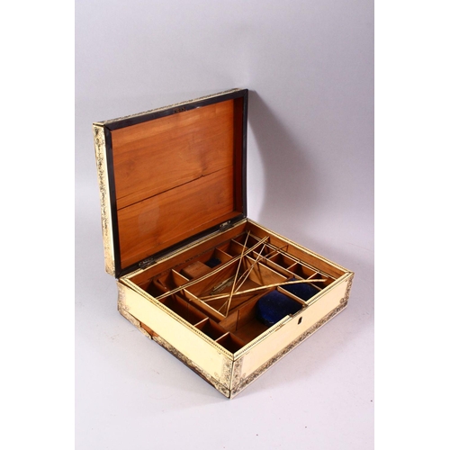 735 - A 19TH CENTURY VITZAGAPATAM IVORY VENEERED SANDLEWOOD SEWING BOX, with penwork decoration and compar... 