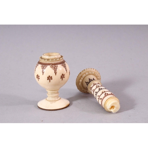 740 - A 19TH CENTURY INDIAN TURNED IVORY NEEDLE CASE, 10.5cm high.