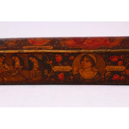 743 - A GOOD QAJAR QUALAMDAN / PAPIER MACHE PENBOX, well painted with portrait busts and figure groups, 21... 