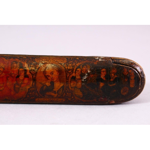 743 - A GOOD QAJAR QUALAMDAN / PAPIER MACHE PENBOX, well painted with portrait busts and figure groups, 21... 