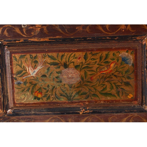 750 - A 19TH CENTURY PAINTED WOODEN PANEL, decorated with panels of figures, birds and flora, 81.5cm x 28c... 