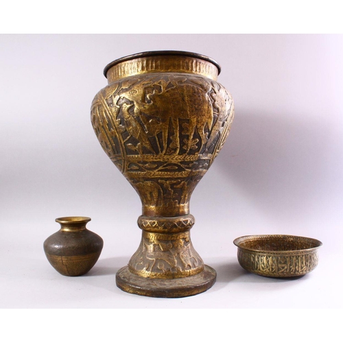 753 - THREE 19TH/20TH CENTURY BRASS VESSELS, to include a pedestal vase, circular bowl and vase, largest 4... 