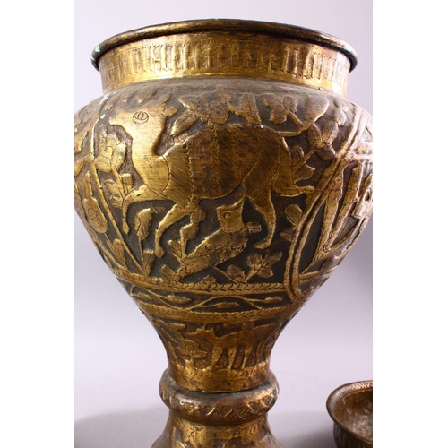 753 - THREE 19TH/20TH CENTURY BRASS VESSELS, to include a pedestal vase, circular bowl and vase, largest 4... 