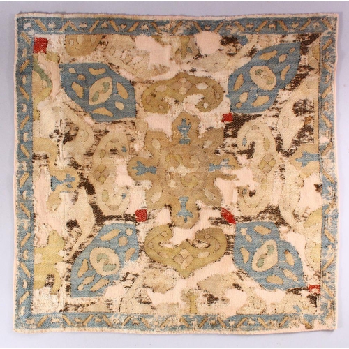 754 - AN EARLY CAUCASIAN SMALL RUG, with beige ground and stylised motifs within a narrow blue ground bord... 