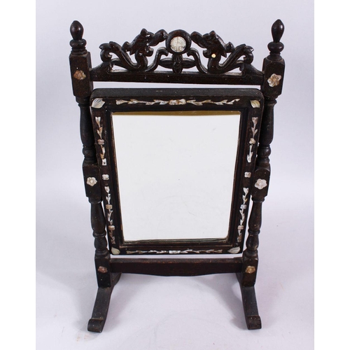 76 - A GOOD 19TH CENTURY CHINESE HARDWOOD & MOTHER OF PEARL TABLE MIRROR, carved with dragons, carved mot... 