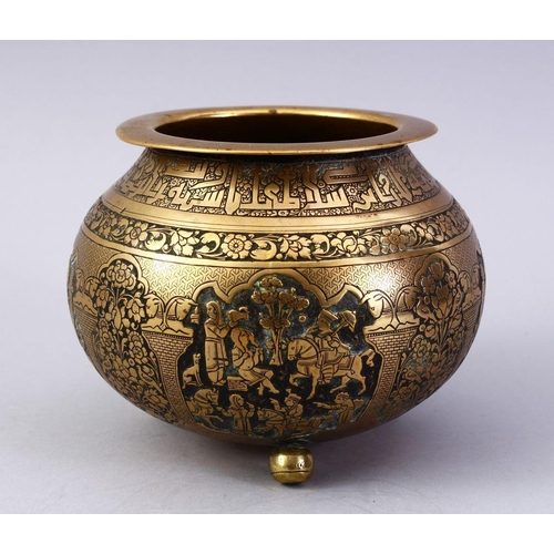 761 - A GOOD ISLAMIC BRASS TRIPLE FOOT CALLIGRAPHIC BOWL, with panels of figures and bands of calligraphy,... 