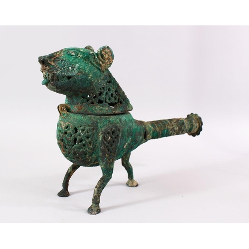 768 - AN ISLAMIC STYLE BRONZE OPENWORK INCENSE BURNER IN THE FORM OF A LION,  40cm.