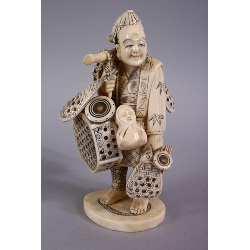 77 - A JAPANESE MEIJI PERIOD CARVED IVORY FIGURE OF A BASKET SELLER, the man stood holding his baskets ha... 