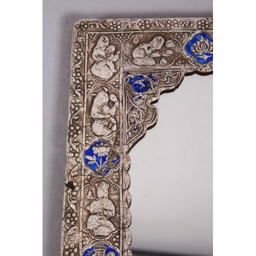 782 - A GOOD 19TH CENTURY SILVER & ENAMEL MIRROR, with embossed decoration of seated figures, 22cm x 16cm