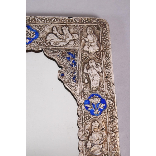 782 - A GOOD 19TH CENTURY SILVER & ENAMEL MIRROR, with embossed decoration of seated figures, 22cm x 16cm