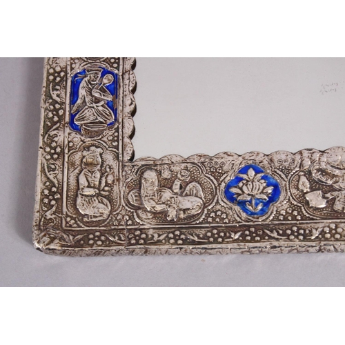 782 - A GOOD 19TH CENTURY SILVER & ENAMEL MIRROR, with embossed decoration of seated figures, 22cm x 16cm