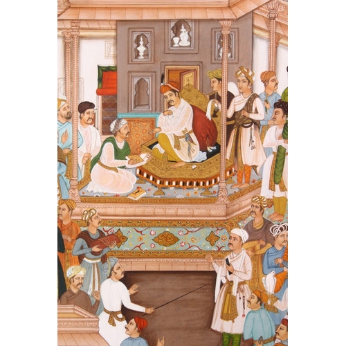 784 - A 19TH / 20TH CENTURY PERSIAN MUGHAL PAINTED MINIATURE, depicting many figures before a prince, 46cm... 