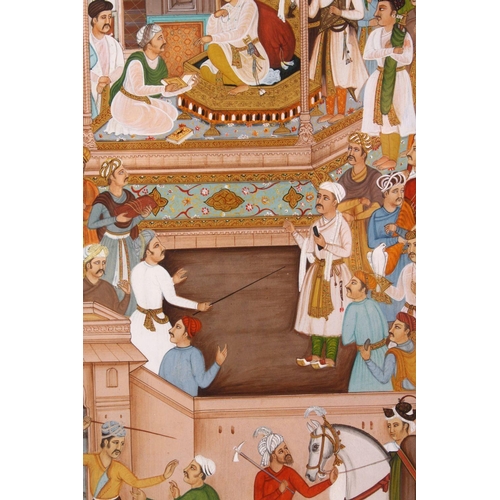 784 - A 19TH / 20TH CENTURY PERSIAN MUGHAL PAINTED MINIATURE, depicting many figures before a prince, 46cm... 