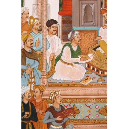 784 - A 19TH / 20TH CENTURY PERSIAN MUGHAL PAINTED MINIATURE, depicting many figures before a prince, 46cm... 