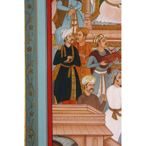 784 - A 19TH / 20TH CENTURY PERSIAN MUGHAL PAINTED MINIATURE, depicting many figures before a prince, 46cm... 