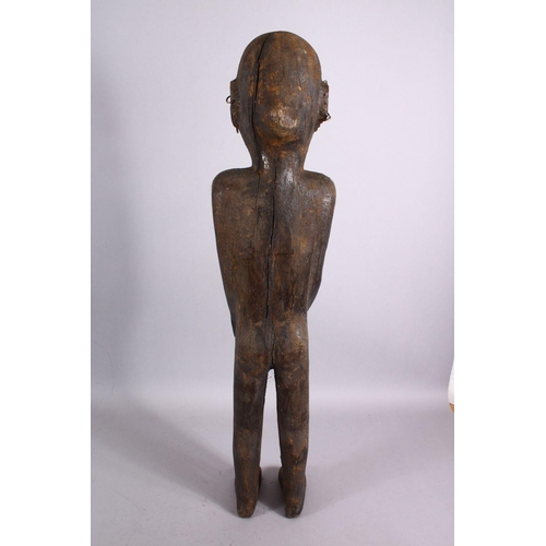 785 - AN AFRICAN CARVED WOODEN NATIVE FIGURE, with piercing's, 80cm.