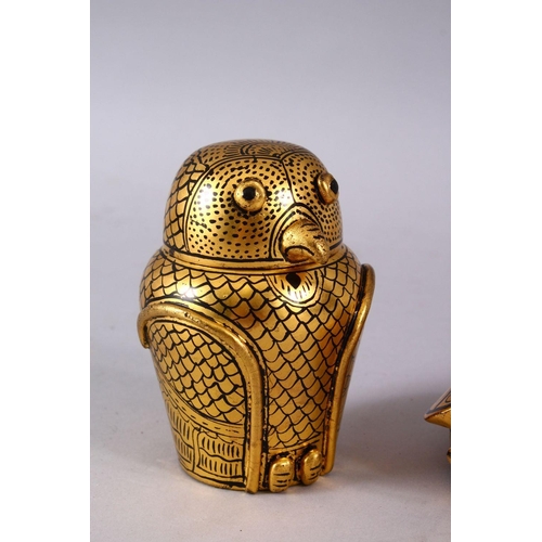 788 - TWO PERSIAN / ISLAMIC LACQUERED BOXED - OWL & TORTOISE, 10cm high & 9cm wide.