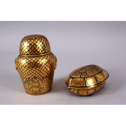 788 - TWO PERSIAN / ISLAMIC LACQUERED BOXED - OWL & TORTOISE, 10cm high & 9cm wide.