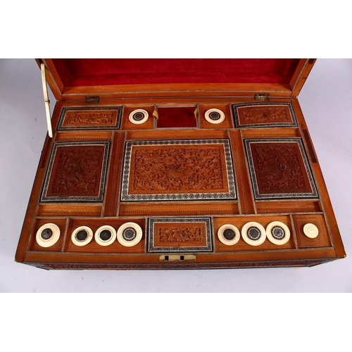 797 - A 19TH CENTURY ANGLO INDIAN INLAID LIDDED SEWING BOX, with carved wood depicting figures and animals... 